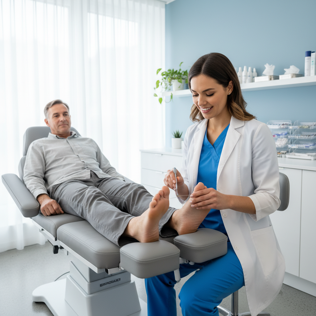 Uzman bir podoloğun hastanın ayağında his testi yaptığı profesyonel podoloji muayenesi anı.