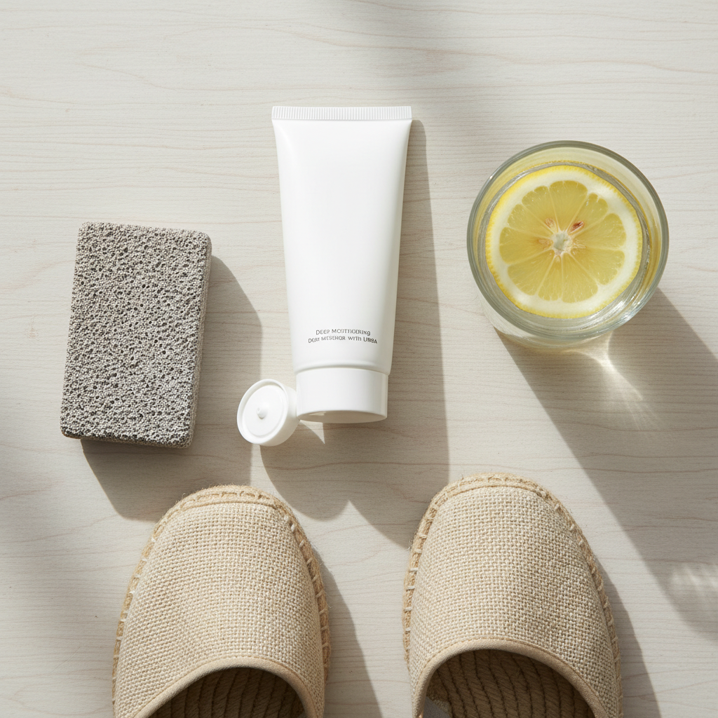 Topuk çatlağını önlemek için kullanılan nemlendirici krem, ponza taşı ve sağlıklı ayakkabı