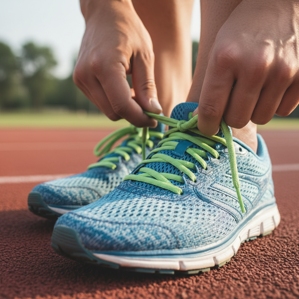 Nefes alabilen modern bir spor ayakkabısının bağcıklarını bağlayan bir sporcu.