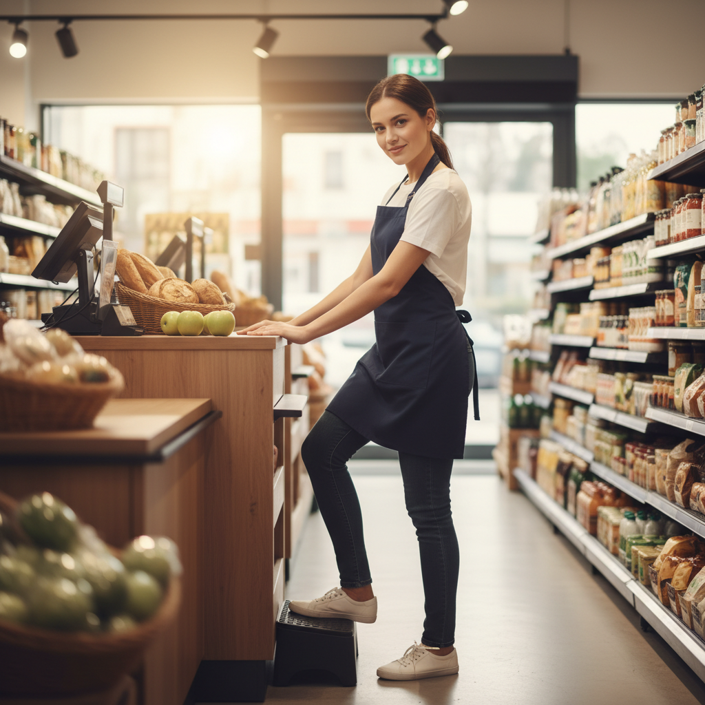 İş yerinde ayakta dururken ayağını esneten bir kişi